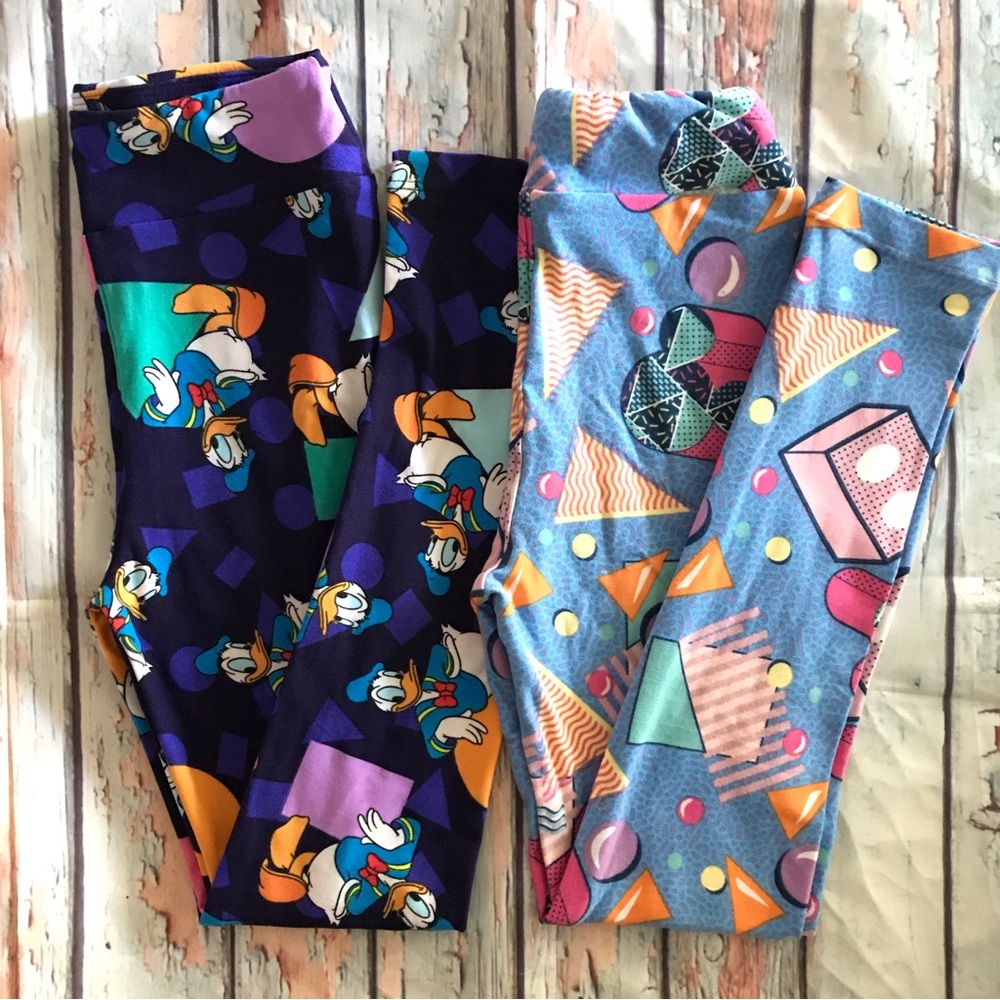2 Pack Disney Retro DONALD DUCK & MICKEY MOUSE Print Soft LEGGINGS Girls sz 8…